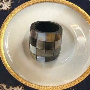 Vintage Artisan Mosaic Inlay Shell & Carved Horn Wide Rectangular Chunky Ring